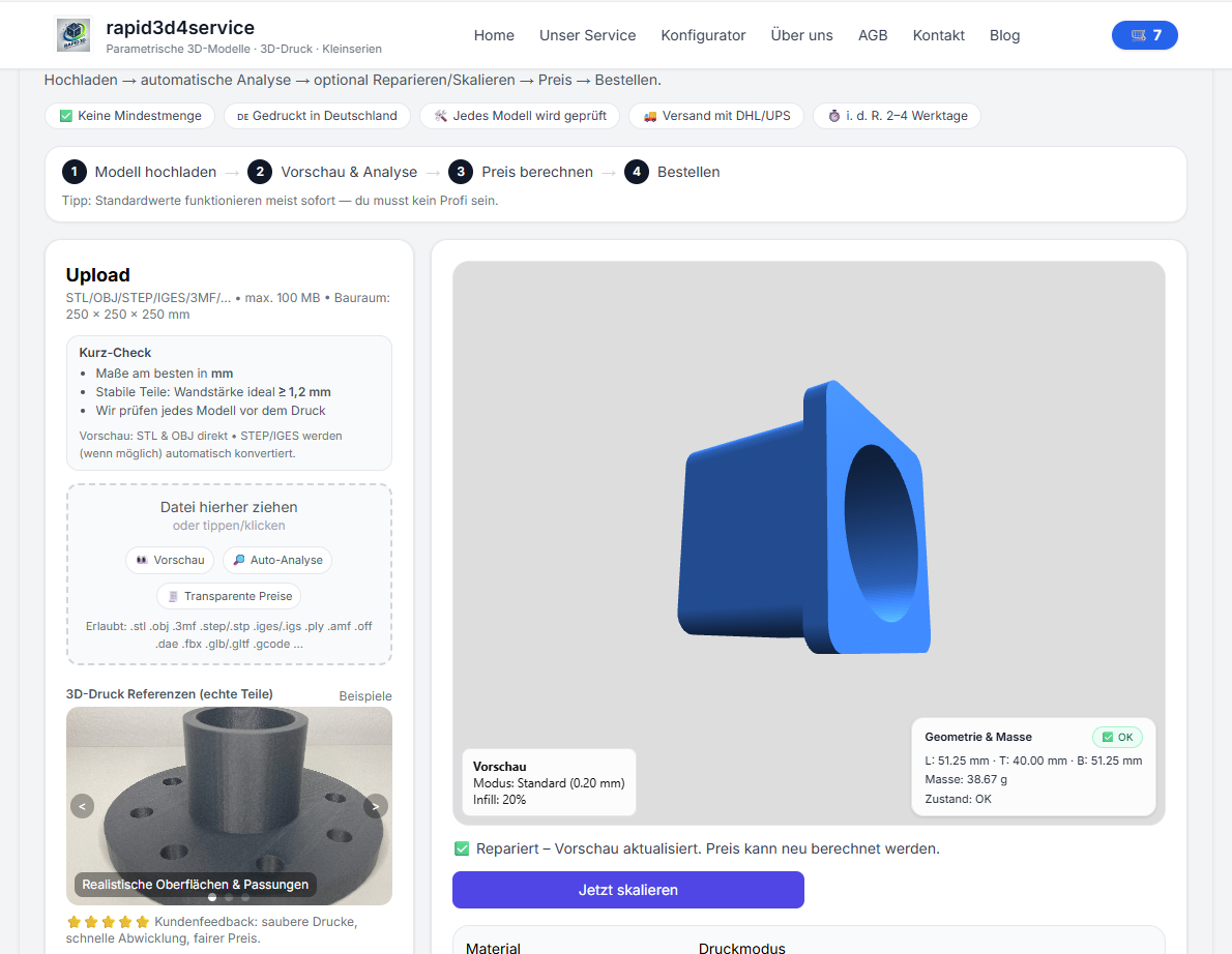STL Analyse: Maße, volume, Gewicht and watertight Status in der preview